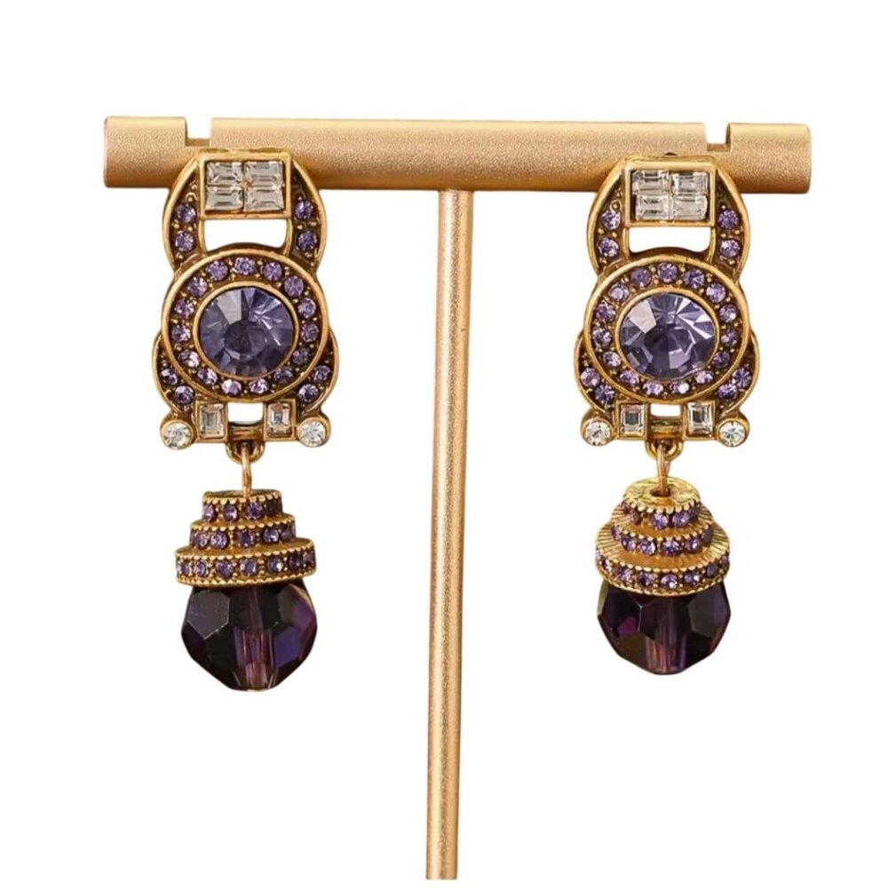 Egyptian Revival Violet Crystal Dangle Bead Pierced Earrings Gold Tone